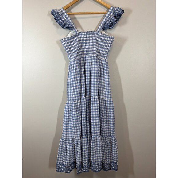 Shabby Chic Blue Checkered Dress SZ S Ruffled Sleeves Gingham Tiered Cottagecore - Picture 5 of 8
